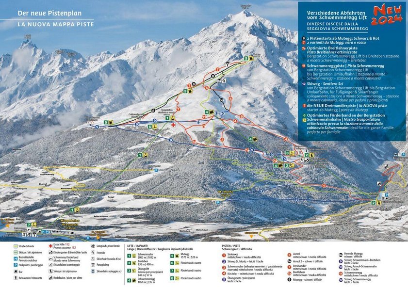 Pistenplan des Skigebiets Schwemmalm im Ultental in Südtirol mit Liften und Pisten für Skiklassenfahrten und Skilager